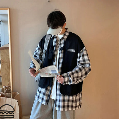 Streetwear New Fake Two Piece Zip Plaid Cargo Shirts Mens Japanese Streetwear Fas 2024 New Fake Two Piece Zip Plaid Cargo Shirts Mens Japanese Streetwear Fashion Social Shirt Autumn Long Sleeve Baggy Y2K Shirt Fashion Sweater Jacket With Graphic Design For Men