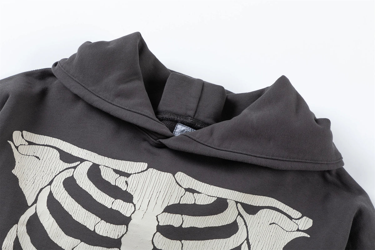 2024 SM Skeleton Rib Cracked Printed Hoodie High Street Washed Outdated Couple Loose Hoodies Street King Limited