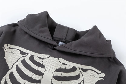 2024 SM Skeleton Rib Cracked Printed Hoodie High Street Washed Outdated Couple Loose Hoodies Street King Limited