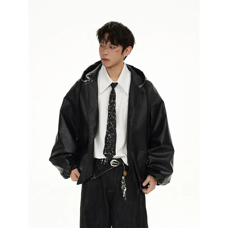 pu leather bomber jacket men streetwear fashion loose casual vintage leather hooded short motorcycle jacket hoody coat outerwear techwear shorts