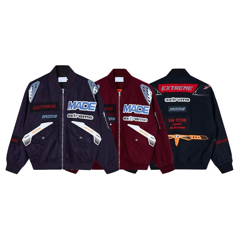 Men Racing Jacket Oversized Harajuku Hip Hop Streetwear Patch Silhouette Motorcycle Coat Winter Zipper Top Unisex Street King Limited