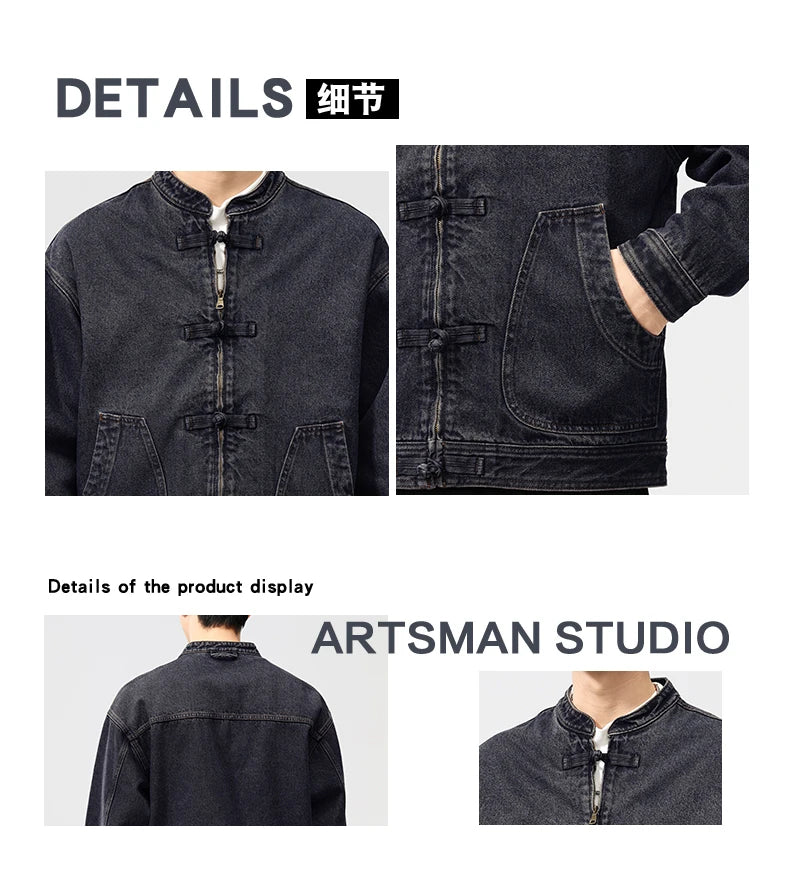 men spring autumn streetwear fashion retro loose casual plus size stand collar denim jacket man jeans coat outerwear unique jeans style 901