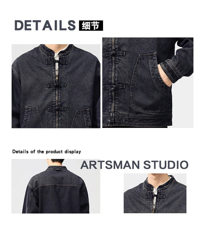 men spring autumn streetwear fashion retro loose casual plus size stand collar denim jacket man jeans coat outerwear unique jeans style 901