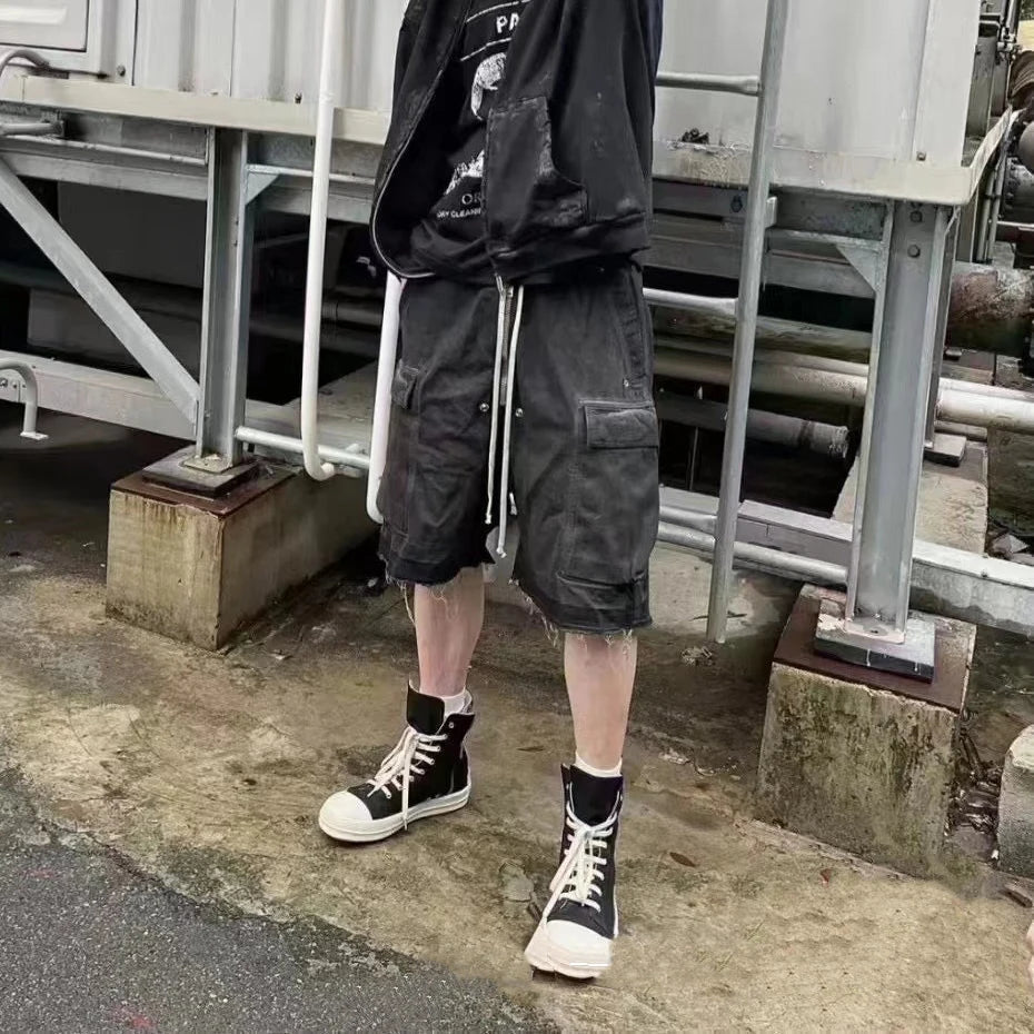 ro style ribbons streetwear multi pockets cargo short for men elastic waist wide leg baggy jeans knee length pants loose overall unique cargo style 4347