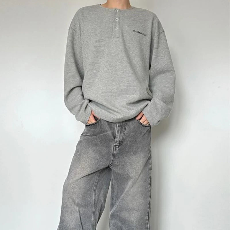 Trendy Korean Style Personalized Floral Gray Waffle Print Long-sleeved Autumn American Men's Women's Y2K Round Neck Sweatshirt Street King Limited