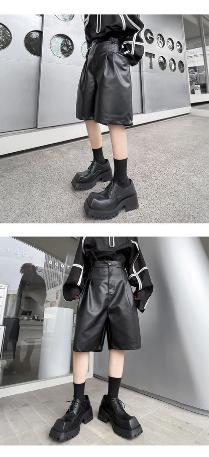 men japanses korean streetwear fashion hip hop loose casual dark black wide leg leather shorts male short pant unique shorts style 916