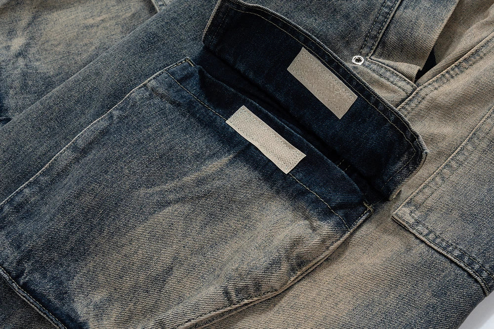RO Style Gradient Ribbons Multi-pockets Drawstring Jeans for Men Harajuku Streetwear Baggy Y2K Denim Trousers Oversized Cargos Street King Limited