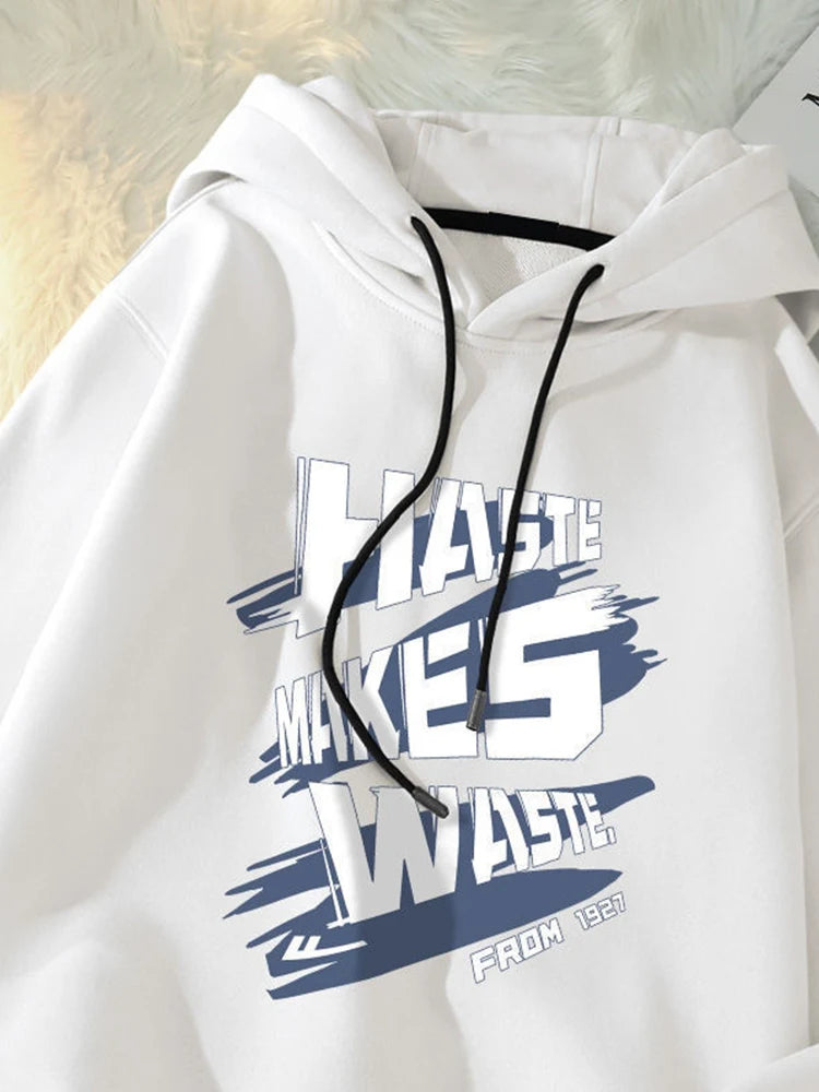 Haste Makes Waste Printed Hoody Man Personality Hip Hop Casual Pullover Hoodies Letter Y2K Streetwear Hooded Sweatshirts Street King Limited