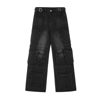 vintage multi pocket jeans mens harajuku cargo denim pants retro hip hop straight loose jean pants men clothing baggy cargo bottoms
