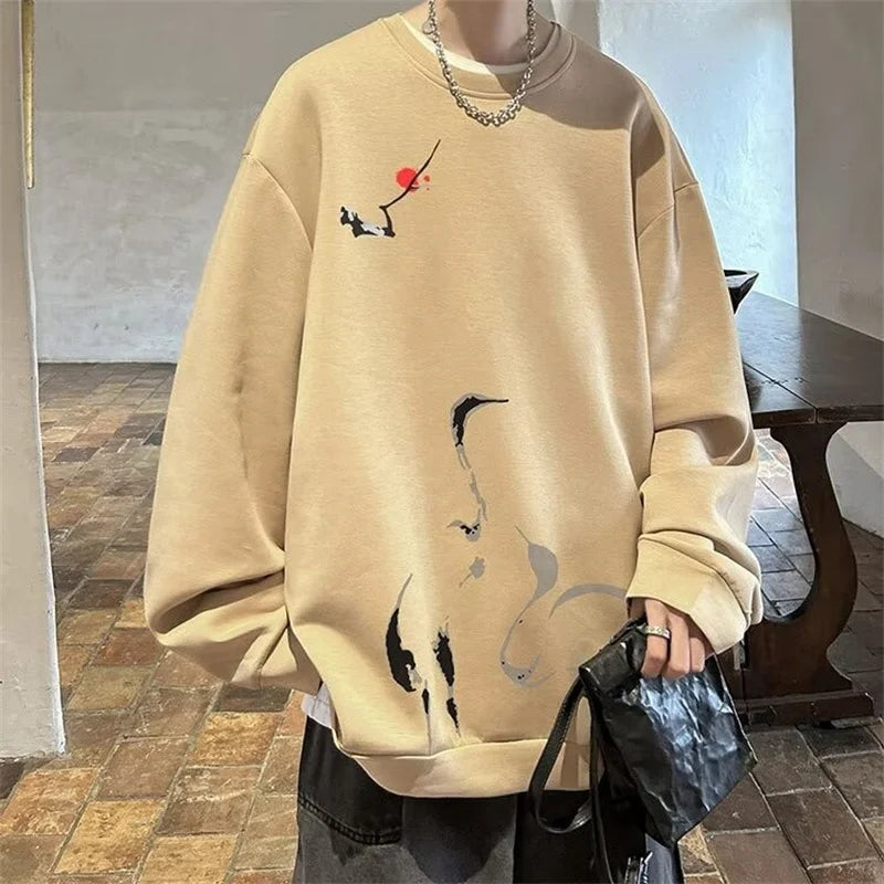 Ink Painting Cartoon Crane Printed Pullover Hoodies For Men 2024 New Hip Hop Fashion Crewneck Hoody Y2K Streetwear Sweatshirts Street King Limited
