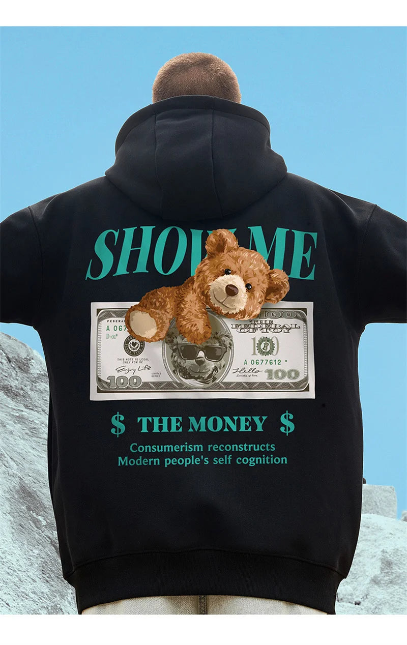 Money Bear Print Fleece Hoodies For Men Autumn Hip Hop Hooded Sweatshirts Unisex Pullovers Streetwear y2k Hoodie Tracksuit Homme Street King Limited