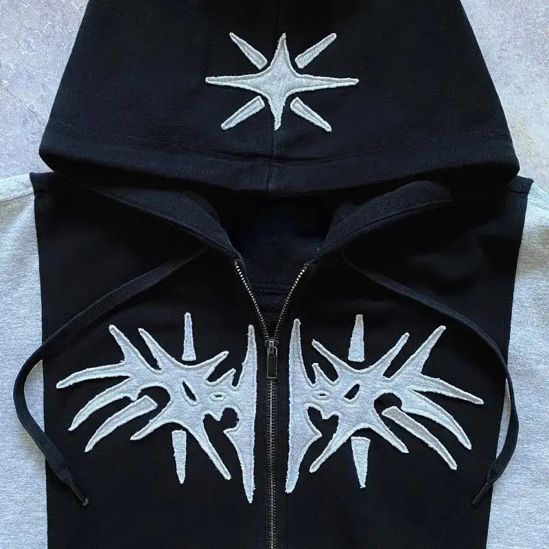Y2k Patch Design Loose Zip Hoodies for men Geometric Pattern Splicing Sweatshirt Gothic Streetwear Oversized Casual Men Clothing Street King Limited
