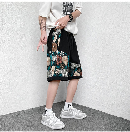 Summer Embroidery Shorts Men Fashion Casual Flower Shorts Mens Japanese Streetwear Loose Hip-hop Straight Shorts Men Plus Size Street King Limited