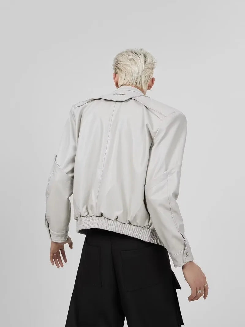 short pu leather jacket men shoulder pad stand collar trend bomber outwear 2023 korean streetwear zipper unisex motorcycle coat unique shorts style 2330