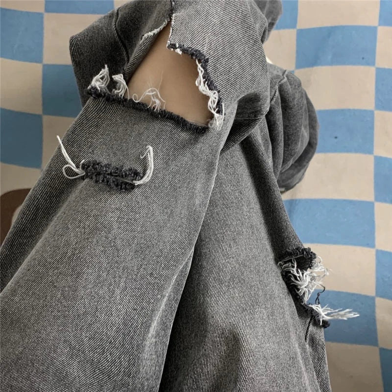 xpqbb vintage streetwear dark gray jeans women y2k high waist ripped denim trousers female 2022 new design loose wide leg pants unique jeans style 2606