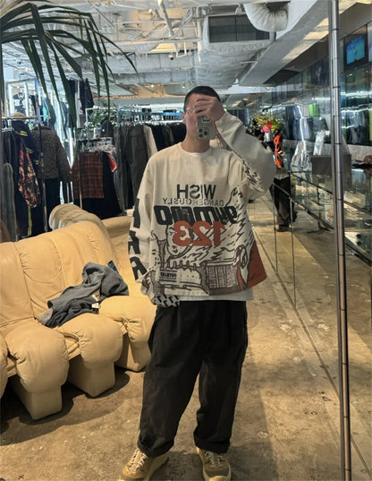 2024 Summer And Spring 123 Letter Print GYMGNO Graffiti Slogan Worn Retro Long Sleeve T Shirt Pullover Sweatshirt Street King Limited