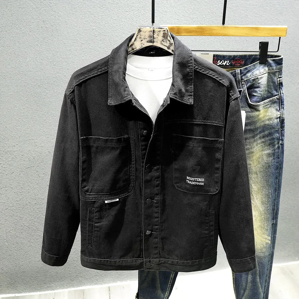 american retro workwear jacket for boys loose spring and autumn high street japanese style khaki casual trendy denim jacket tops unique jeans style 4887