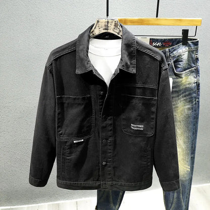 american retro workwear jacket for boys loose spring and autumn high street japanese style khaki casual trendy denim jacket tops unique jeans style 4887