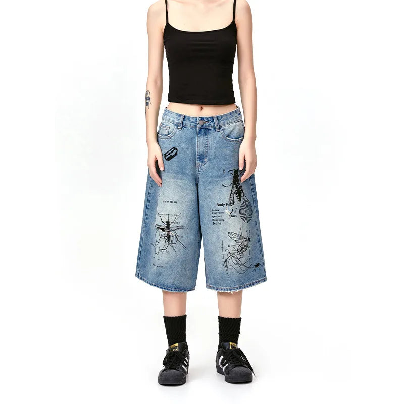 Men's Ripped Denim Shorts 2024 Summer Fashion Graffiti Insect Patterned Jeans Shorts Harajuku Streetwear Short Pants Y2K Street King Limited