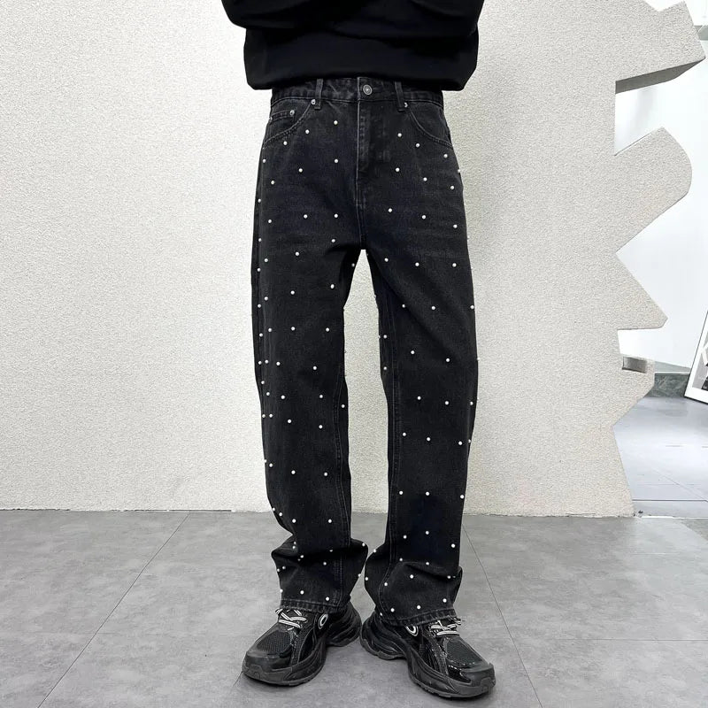 men bead streetwear fashion hip hop vibe loose casual wide leg straight denim jeans baggy pant man boyfriend jeans trousers unique jeans style 2881