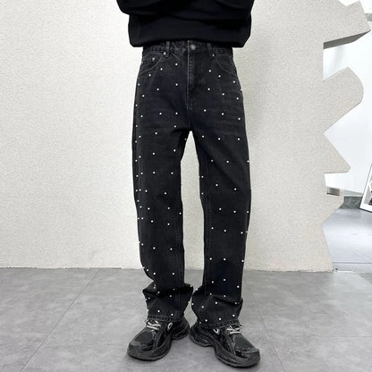 men bead streetwear fashion hip hop vibe loose casual wide leg straight denim jeans baggy pant man boyfriend jeans trousers unique jeans style 2881