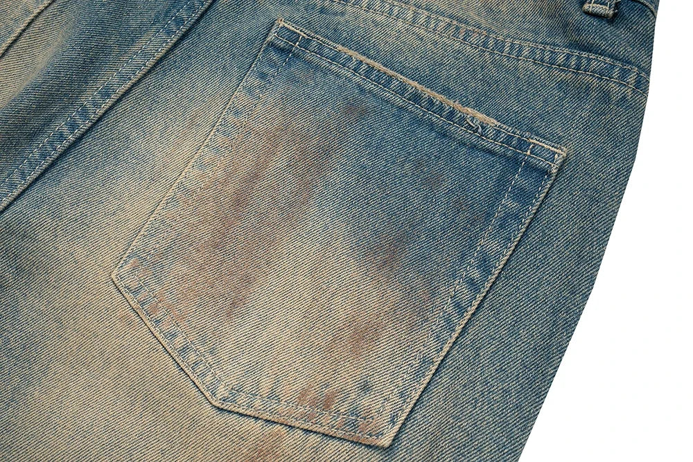 handmade distressed mud dyed dirty baggy blue jeans for men straight baggy casual overalls harajuku loose denim trousers unique jeans style 2217