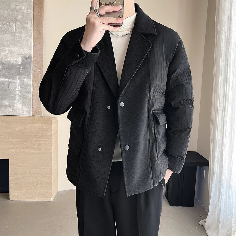 winter splice wool suit collar padded cotton jacket men business casual fashion loose thick warm parkas jacket coat outerwear clean everyday pants
