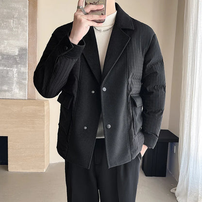 winter splice wool suit collar padded cotton jacket men business casual fashion loose thick warm parkas jacket coat outerwear clean everyday pants