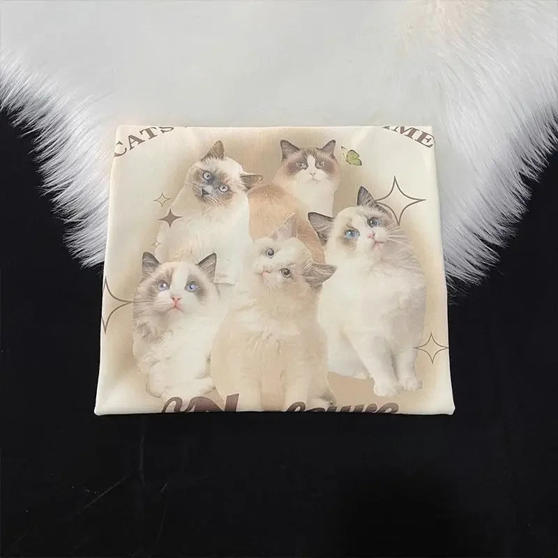 Cotton Cute Cat Graphic T shirt Summer Fashion Loose Women Vintage Personality Fresh art kawaii clothes Short Sleeve Tops Street King Limited