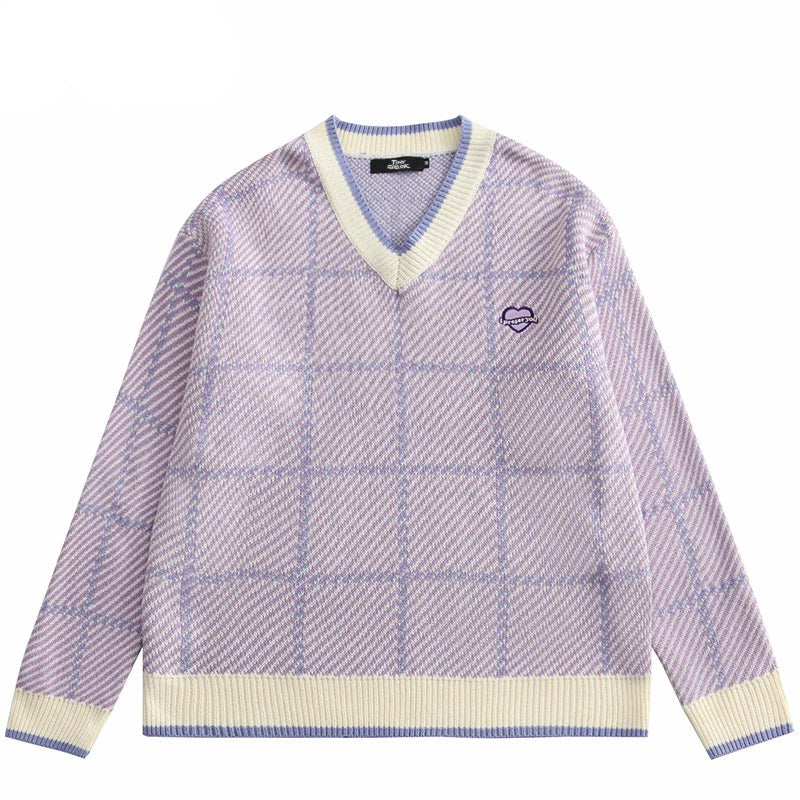 Men Hip Hop Knitted Sweater Streetwear Embroidery Heart Plaid Pullover 2023 Autumn Harajuku Cotton Casual Pullover Sweater Blue Street King Limited