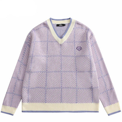 Men Hip Hop Knitted Sweater Streetwear Embroidery Heart Plaid Pullover 2023 Autumn Harajuku Cotton Casual Pullover Sweater Blue Street King Limited