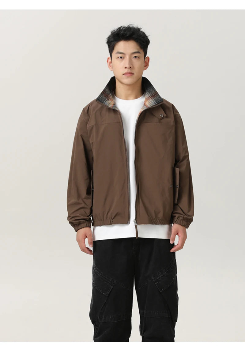 double side wearable coach jacket men streetwear fashion cleanfit splice plaid loose casual outdoor cargo jacket boyfriend coat unique cargo style 831