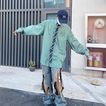 street wear retro hip hop distressed straight leg jeans vintage y2k tassel biker ripped denim pants mens washed destroyed jean unique jeans style 4393