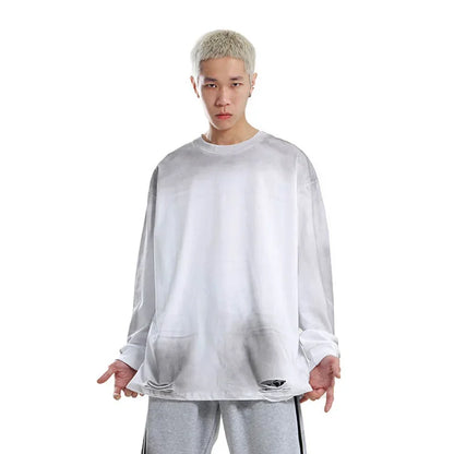 Men's Streetwear Hole Washed Cotton Long Sleeve Loose Casual T Shirt Tiki Y2k Clothes Oversized T-shirt for Men Tops Tshirt Street King Limited
