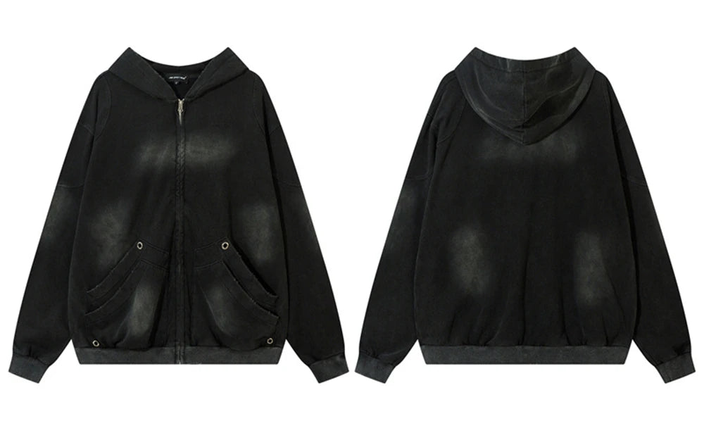Vintage Zip Up Hoodie Jacket Y2K Punk Gothic Loose Washed Hooded Sweatshirt Coat 2024 Harajuku Cotton Streetwear Street King Limited