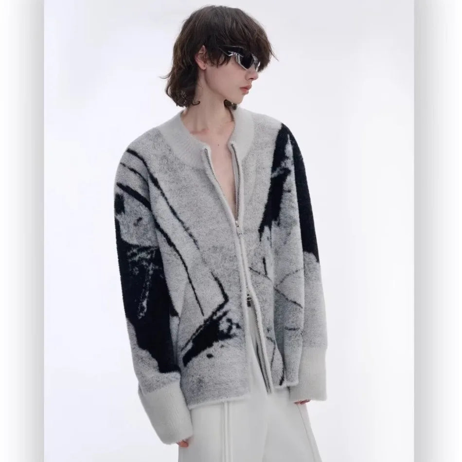 Color Blocked Gradient Cardigan Mens Imitation Mink Fur Jacquard Trend Couple Knitted Jacket Zipper High Street Sweater Coats Street King Limited