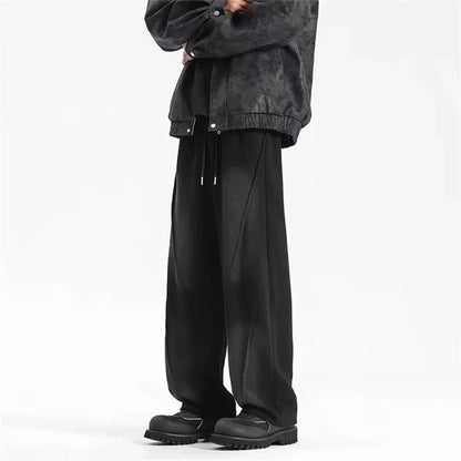 autumn mens high street pleated straight pants korean fashion elastic waist pockets trousers y2k vintage pantalones hombre minimalist street pants