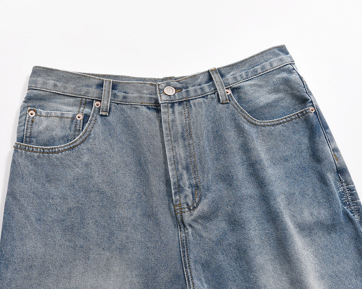 high street patchwork hole ripped baggy jeans for men straight pocket washed distressed casual denim trousers oversized vintage washed jeans