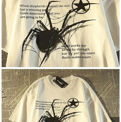 American Retro Street Spider Graphic T-Shirt - Loose Fitting College Style Couple Short-Sleeved Top for Men and Women Summer Street King Limited