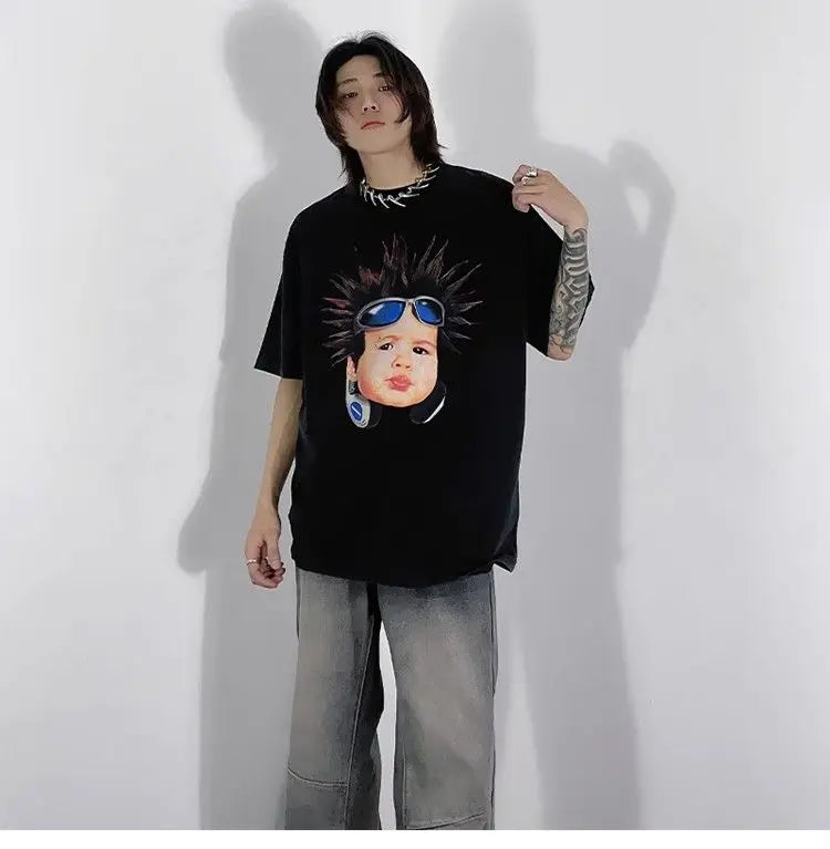 Korean pure cotton printed short-sleeved T-shirt for men and women creative angel hip-hop street Y2K loose half sleeved top Street King Limited