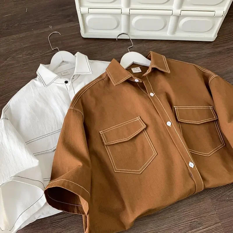 Retro trendy and personalized unisex style short sleeved men and women summer Korean street loose lapel couple work top y2k Street King Limited