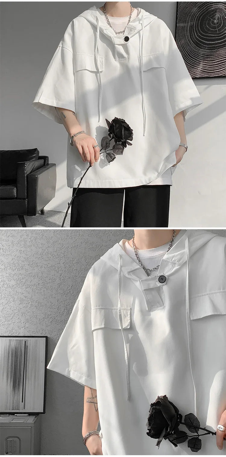 5 Colors Summer Hooded T shirt Men Korean Half Sleeve Pullover Streetwear Loose T-shirt Tops Drawstring Men Clothing Street King Limited