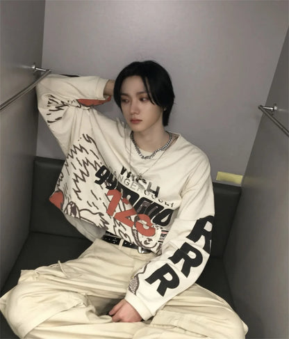 2024 Summer And Spring 123 Letter Print GYMGNO Graffiti Slogan Worn Retro Long Sleeve T Shirt Pullover Sweatshirt Street King Limited