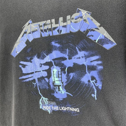 Summer Vintage High Street Wash Lightning Print T-shirt Vintage Heavy Metal Rock Band Short Sleeve Japanese Street Pure Cotton Street King Limited