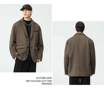 autumn winter men business casual fashion retro woolen thick blazer jacket korean streetwear plus size suit coat outerwear unique default style 1341