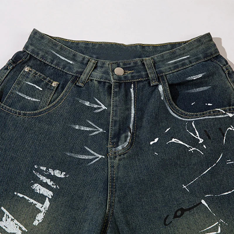 Men Blue Baggy Jeans Graffiti Print Straight Denim Trousers Harajuku Y2K Vintage High Waist Wide Leg Pants Streetwear Unisex Street King Limited