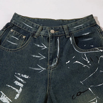 Men Blue Baggy Jeans Graffiti Print Straight Denim Trousers Harajuku Y2K Vintage High Waist Wide Leg Pants Streetwear Unisex Street King Limited