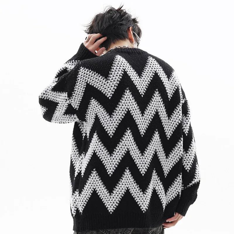 Men's Contrast Striped Knitted Sweater High Street Diamond Check Pullover Oversized Loose Thickened Jumpers Trendy Hip-Hop Tops Street King Limited