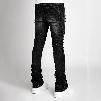 Stretchy Personality Stacked Denim Pants 2024 New Fashion Pearls Fashion Rhinestone European Street Skinny Jeans For Men Street King Limited