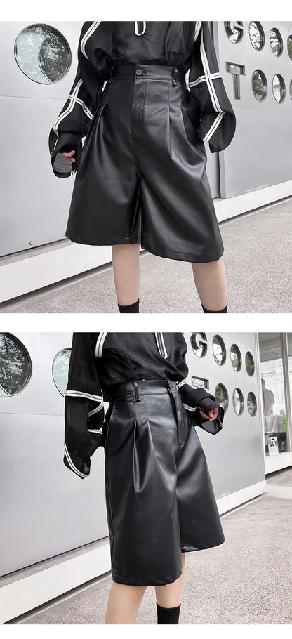 men japanses korean streetwear fashion hip hop loose casual dark black wide leg leather shorts male short pant unique shorts style 913